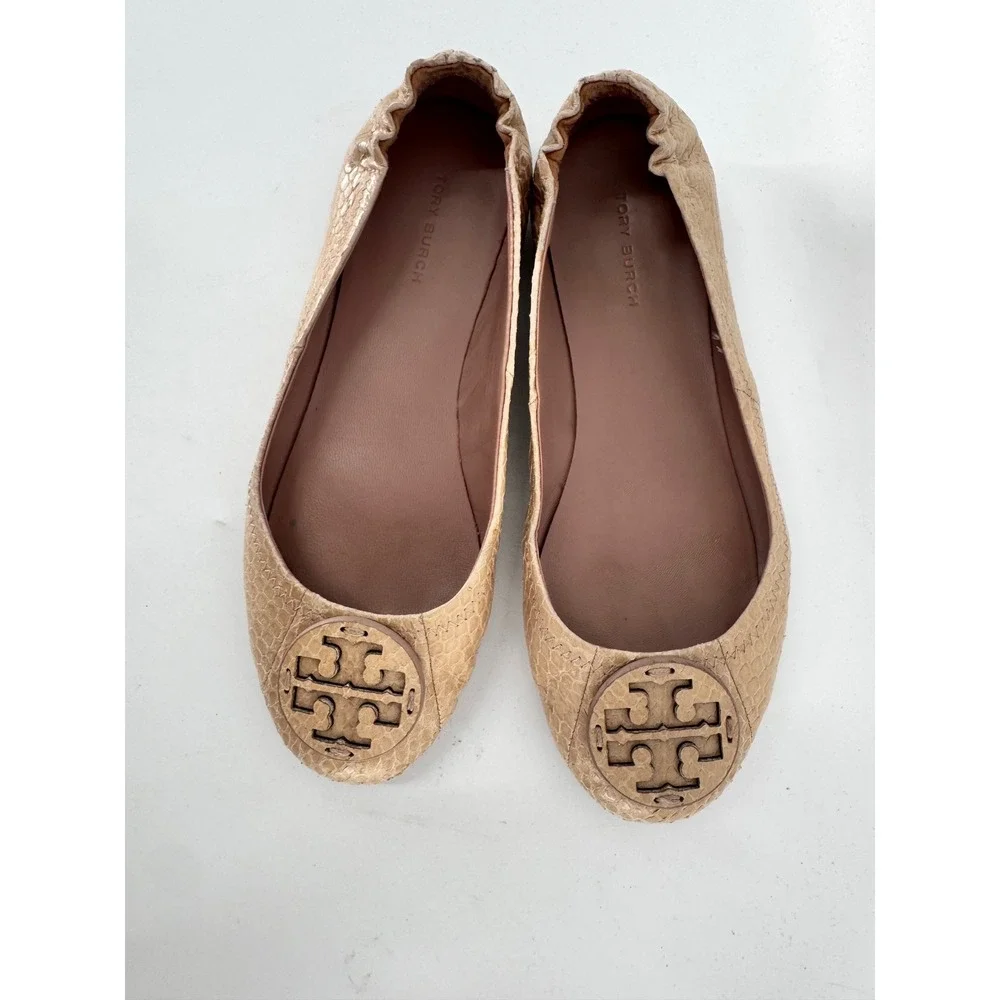 Tory Burch Minnie Travel Ballet Flats Women 6 Beige‎ Snakeskin Embossed Leather